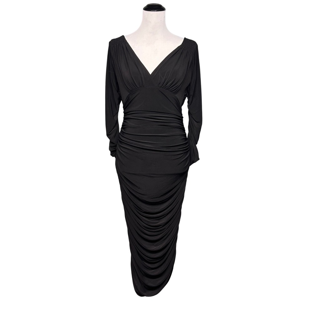 Norma Kamali Dress Women Medium Black Ruched V-Neck Long Sleeve Midi Stretch